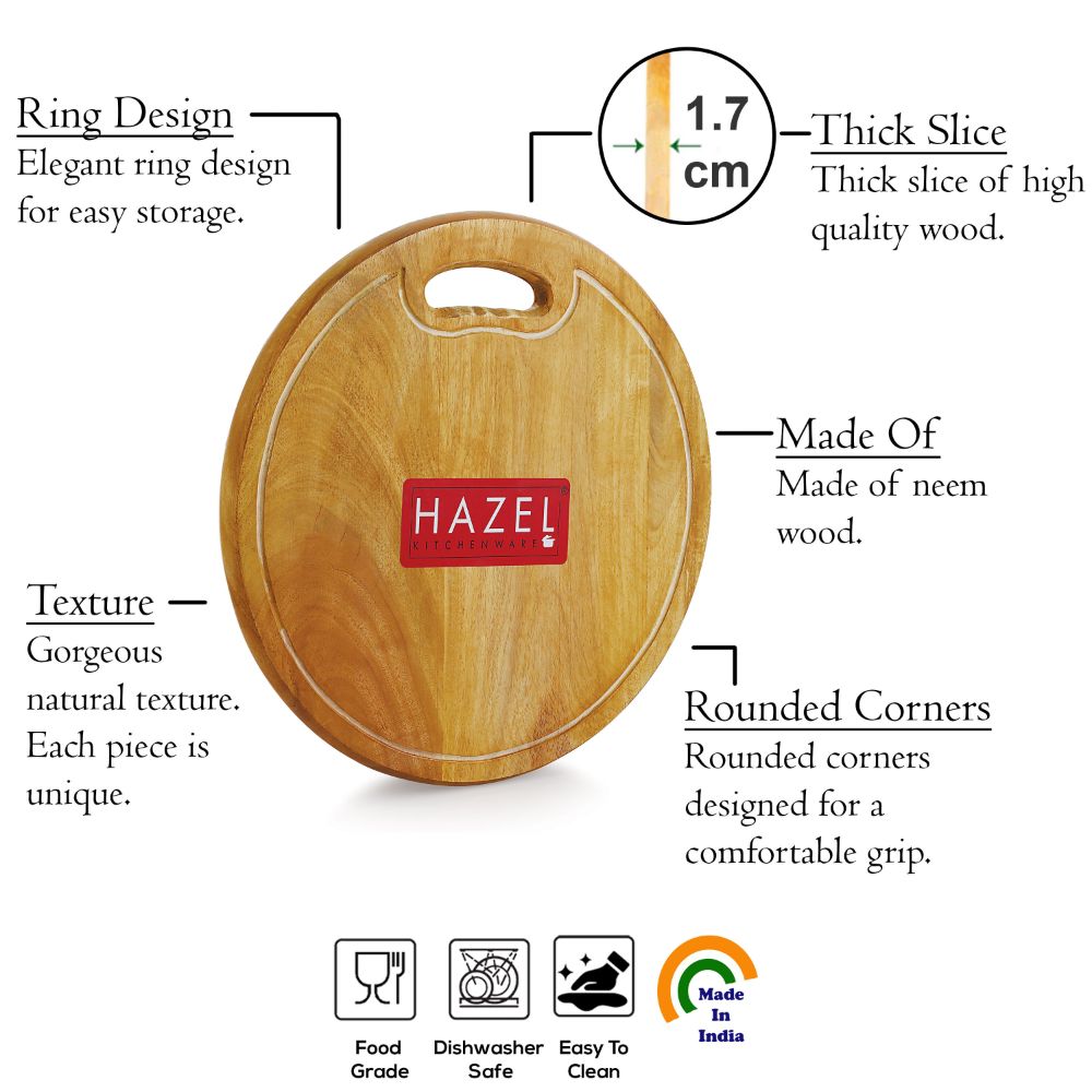 HAZEL Neem Wood Chopping Board Round|Vegetable Chopping Board Wooden For Kitchen|Oval Shape Thick Wooden Cutting Board, Diameter 33.5 cm