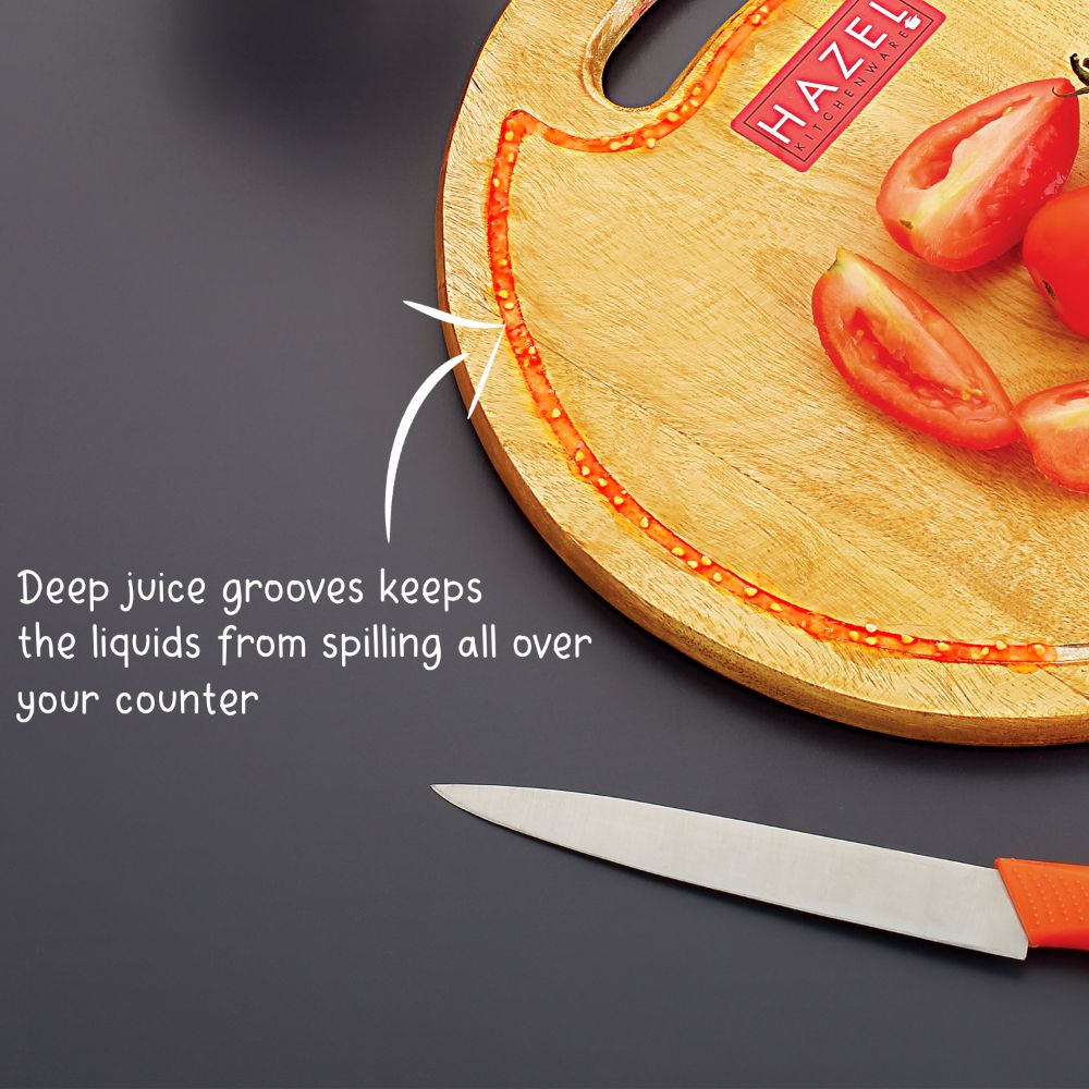 HAZEL Neem Wood Chopping Board Round|Vegetable Chopping Board Wooden For Kitchen|Oval Shape Thick Wooden Cutting Board, Diameter 33.5 cm