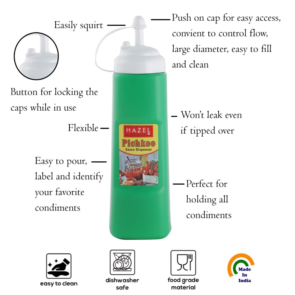 HAZEL Chutney Sauce Bottle With Cap | Squeeze Bottle Plastic Food Grade | Tomato Sauce Bottle For Restaurants, Cafeterias, Food Trucks, Picnics, 430 ML, Green