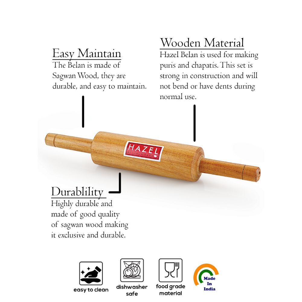 HAZEL Wooden Belan Rolling Pin Sagwan Roti Phulka Dough Roller for Home and Kitchen, 38 cm