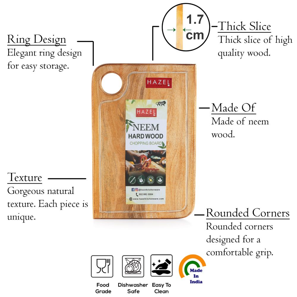 HAZEL Chopping Board Wooden For Kitchen | Neem Wood Vegetable Chopping Board | Reactangle Shape Thick Wooden Cutting Board, 36 x 23.3 cm