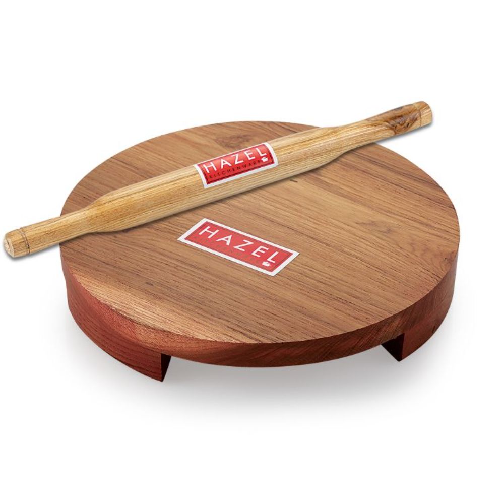HAZEL Wooden Polpat Roti Roller Combo Large, 24cm, Sagwan, Brown, 2 Pc Set