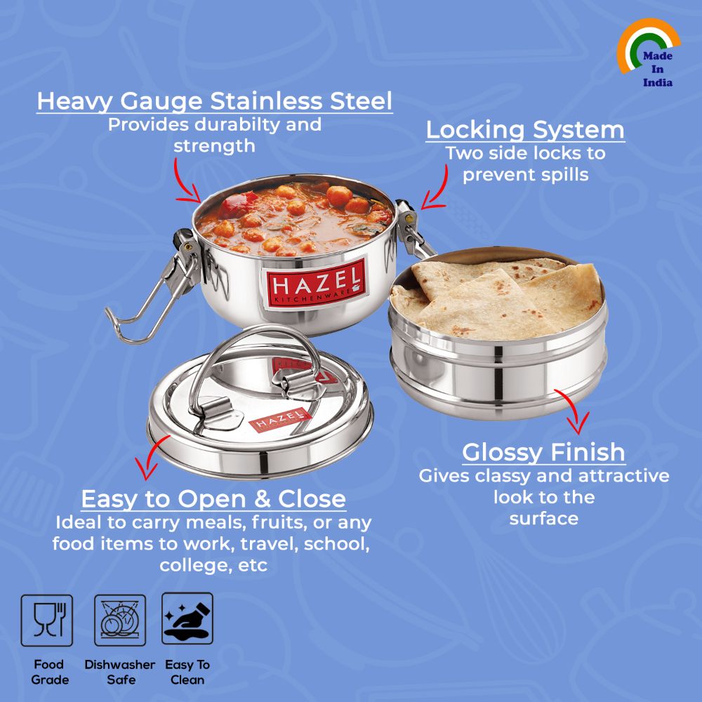 HAZEL Stainless Steel 2 Containers with Locking Clip Tiffin, 450 ML