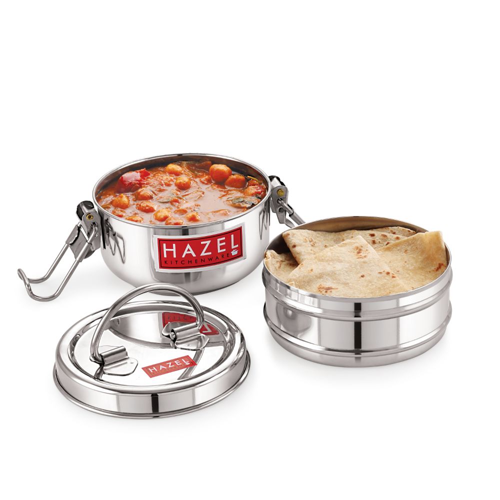 HAZEL Stainless Steel 2 Containers with Locking Clip Tiffin, 450 ML