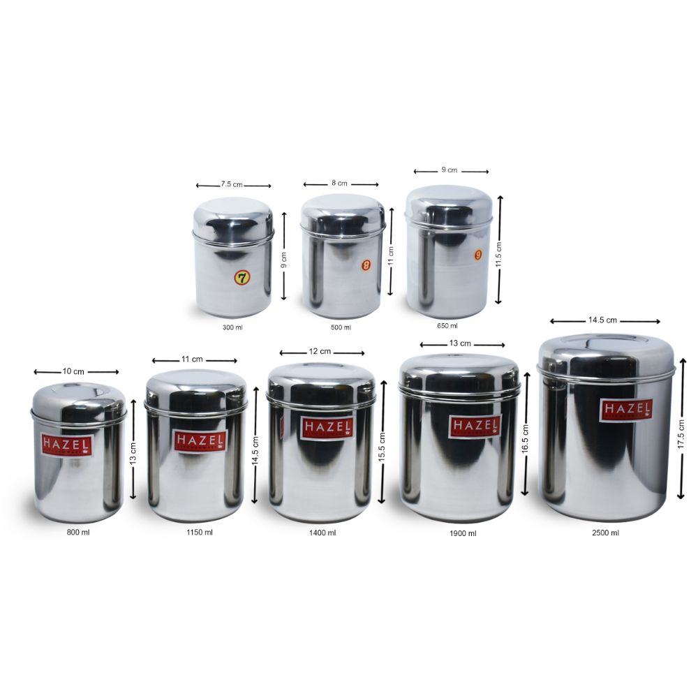 HAZEL Alfa Premium Heavy Gauge Stainless Steel Ubha Dabba Containers Set of 8 Pc (300 ml to 2.5 ltr), Silver