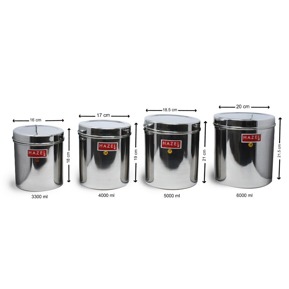 HAZEL Alfa Premium Heavy Gauge Stainless Steel Food Storage Containers Set of 4 Pc (3.3 ltr to 6 ltr), Silver