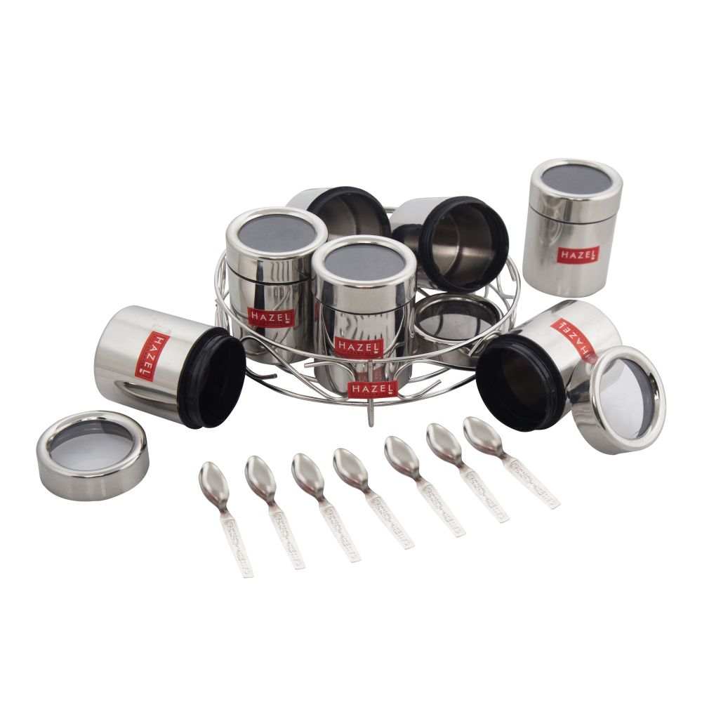 HAZEL Stainless Steel Classic 7 in 1 Masala & Dry Fruit Stand With See Through Lid
