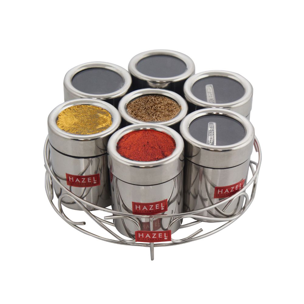 HAZEL Stainless Steel Classic 7 in 1 Masala & Dry Fruit Stand With See Through Lid