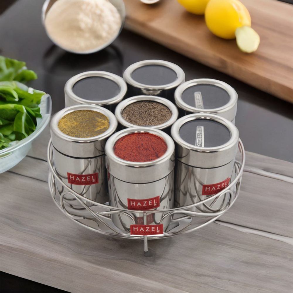 HAZEL Stainless Steel Classic 7 in 1 Masala & Dry Fruit Stand With See Through Lid