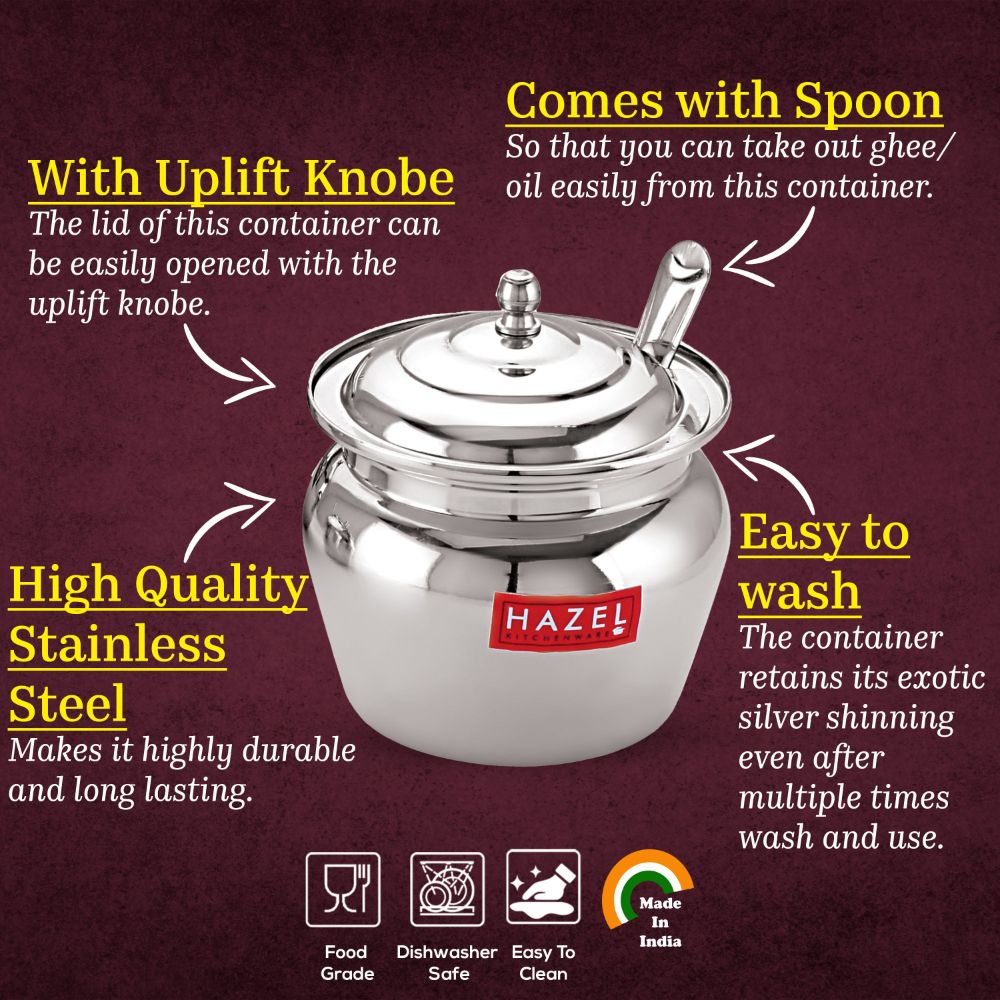 HAZEL Stainless Steel Oil & Ghee Container with Lid | Ghee Dispenser with Spoon