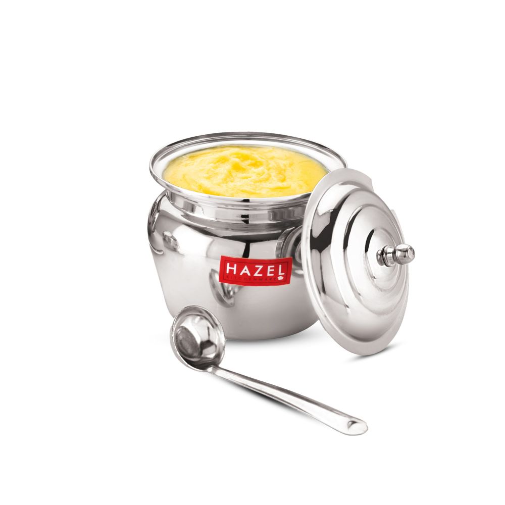 HAZEL Stainless Steel Oil & Ghee Container with Lid | Ghee Dispenser with Spoon