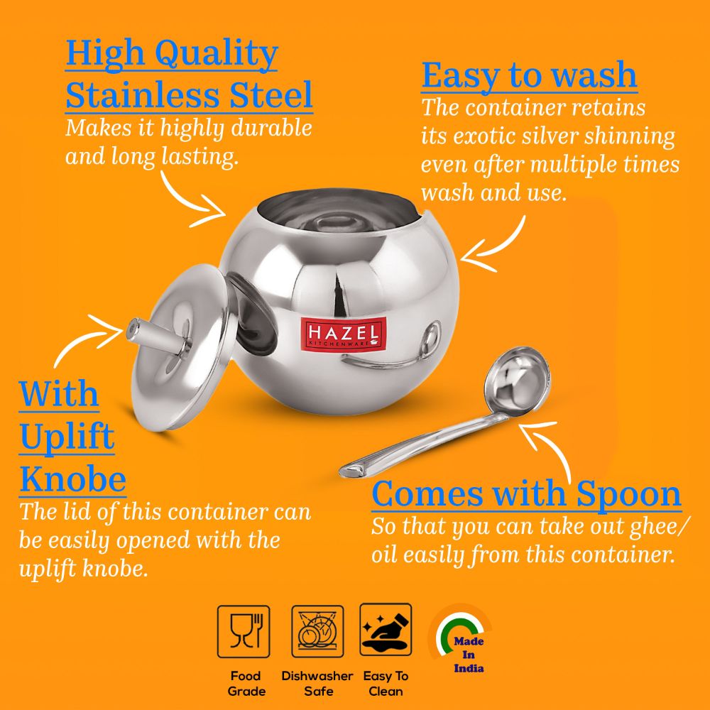 HAZEL Stainless Steel Oil Dispenser with Lid | Oil Ghee Dani with Spoon