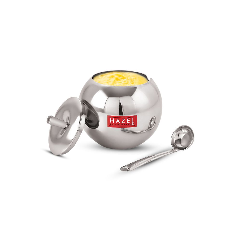 HAZEL Stainless Steel Oil Dispenser with Lid | Oil Ghee Dani with Spoon