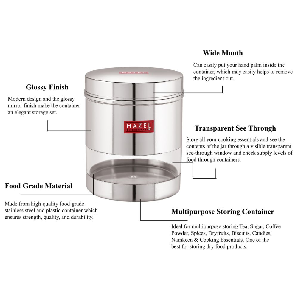 HAZEL Stainless Steel Transparent Wide Mouth See Through Container, Silver, 1 PC, 350 Ml