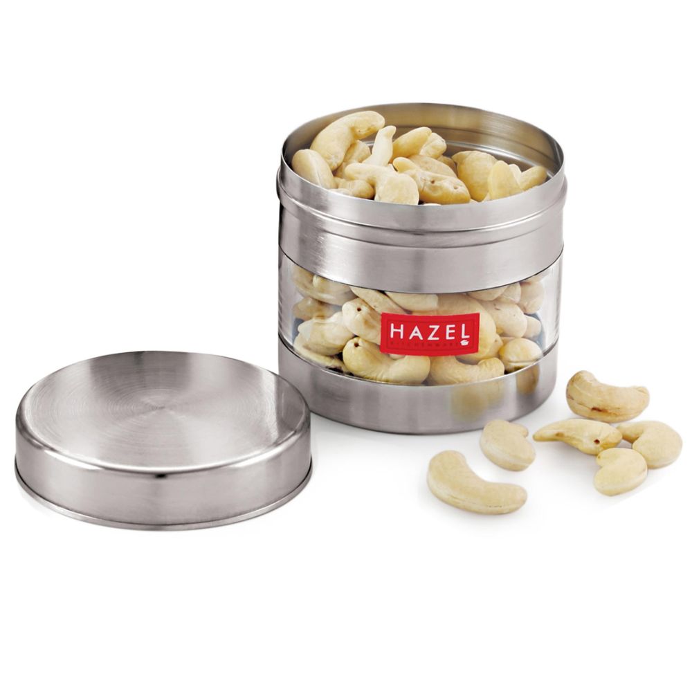 HAZEL Stainless Steel Transparent See Through Container, Silver, 1 PC, 350 Ml