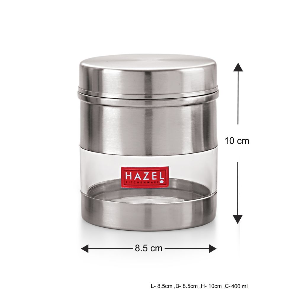 HAZEL Stainless Steel Transparent See Through Container, Silver, 1 PC, 400 Ml