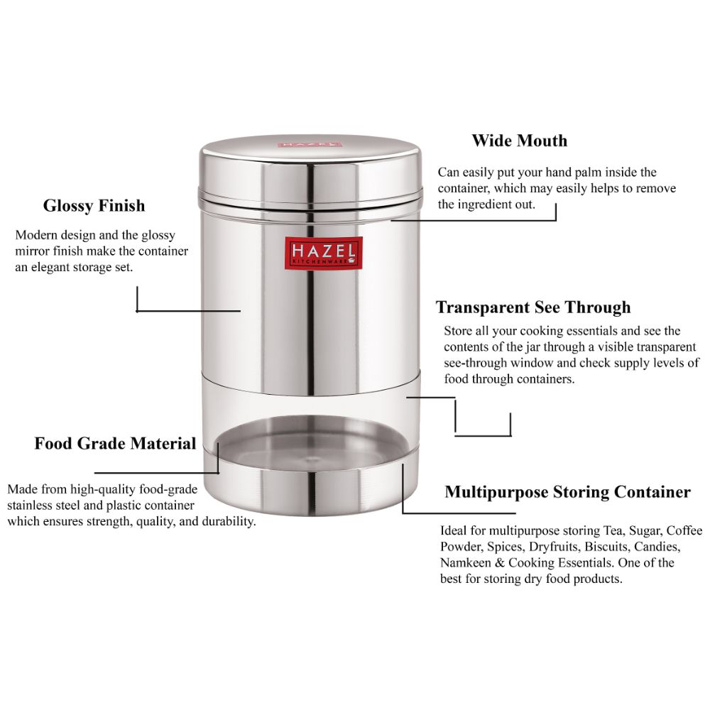 HAZEL Stainless Steel Transparent Wide Mouth See Through Container, Silver, 1 PC, 600 Ml