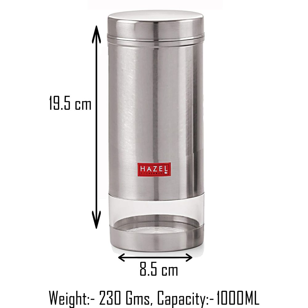 HAZEL Stainless Steel Silver Container | 1 LTR | Transparent See Through