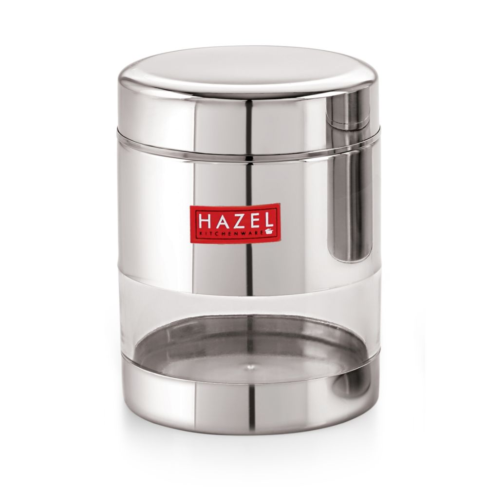 HAZEL Stainless Steel Transparent Glossy See Through Container, Silver, 1Pc, 400 ML