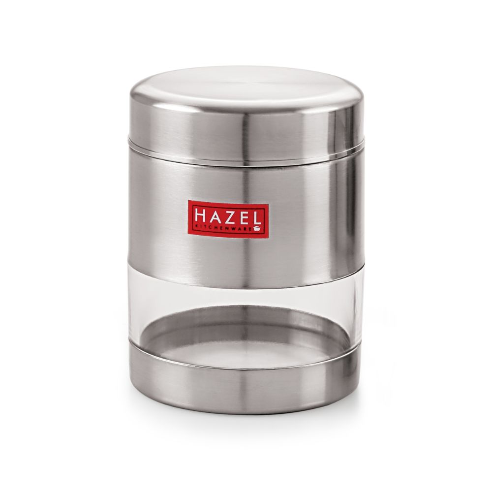 HAZEL Stainless Steel Transparent Matt Finish See Through Container, Silver,1 Pc, 400 ML