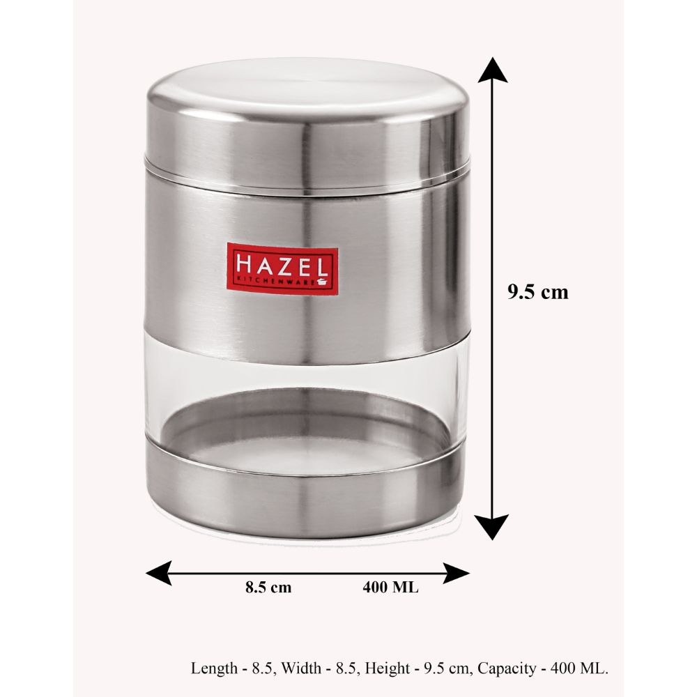 HAZEL Stainless Steel Transparent Matt Finish See Through Container, Silver,1 Pc, 400 ML