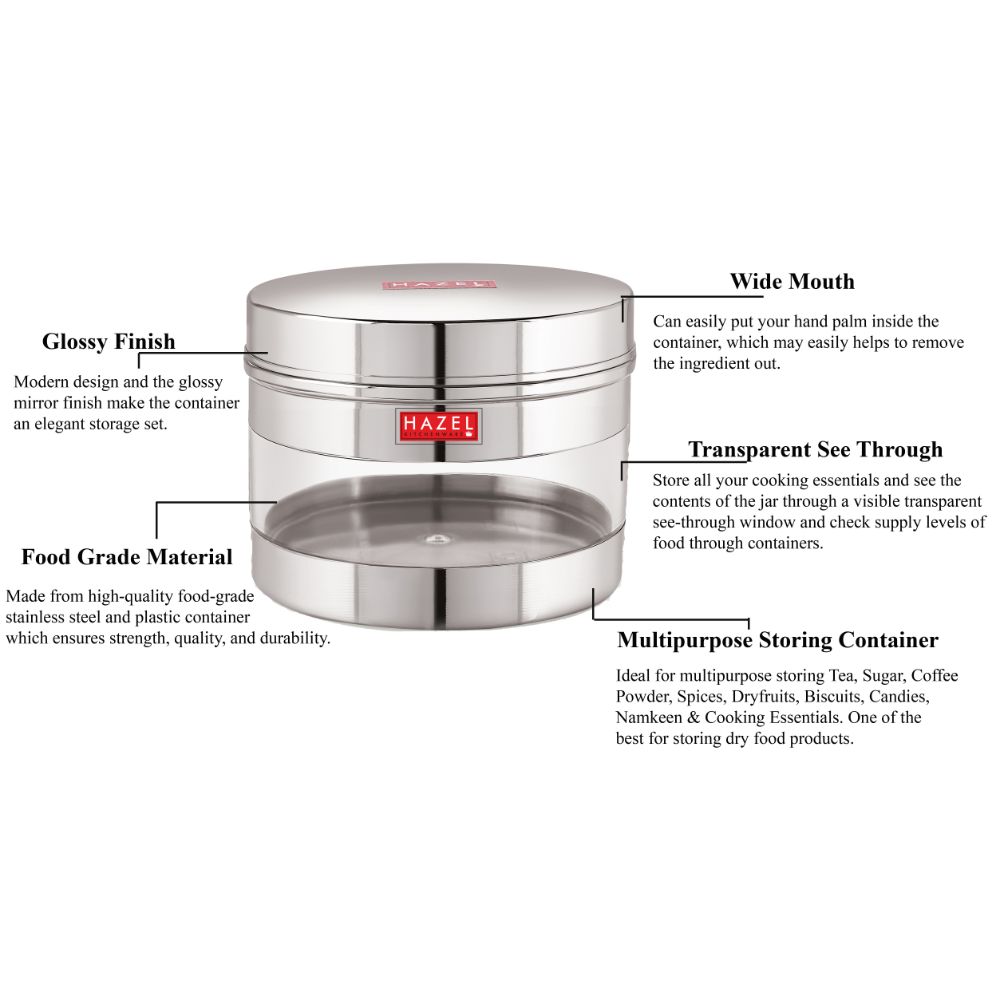 HAZEL Stainless Steel Transparent Wide Mouth See Through Container, Silver, 1 PC, 500 Ml
