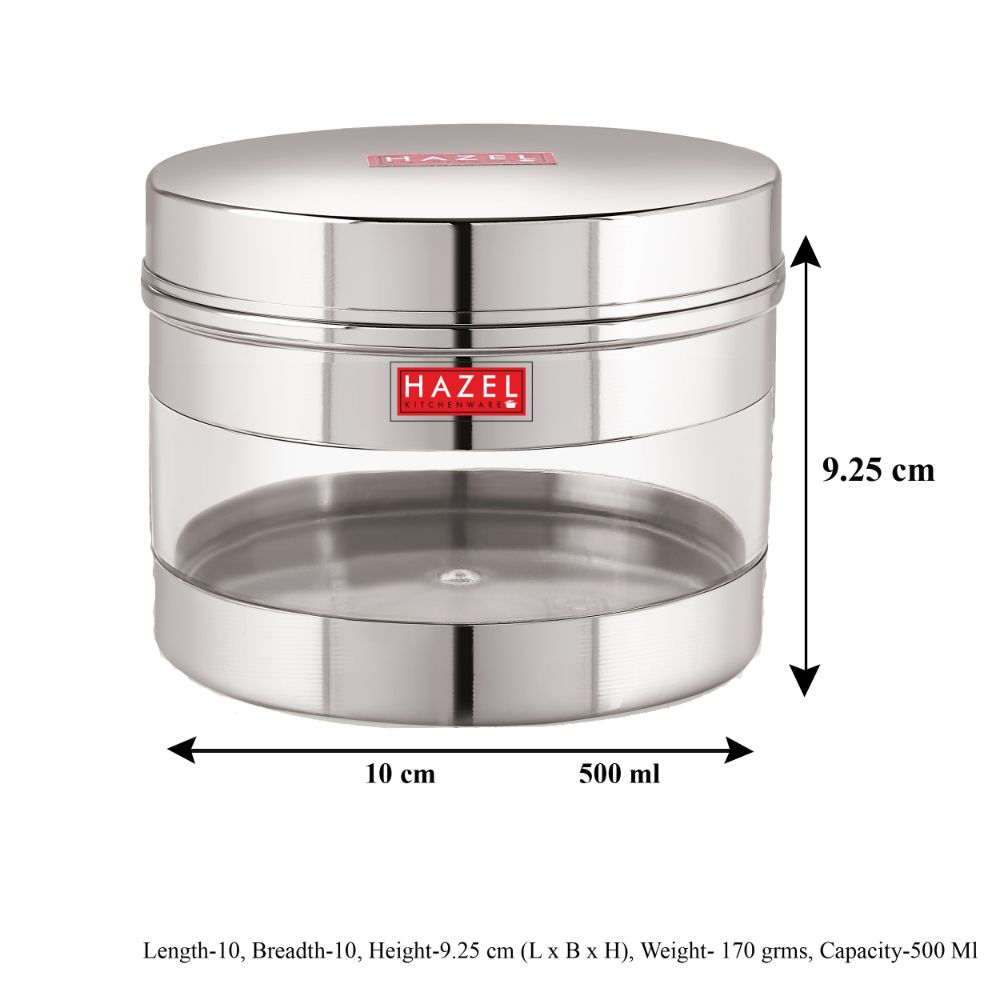 HAZEL Stainless Steel Transparent Wide Mouth See Through Container, Silver, 1 PC, 500 Ml