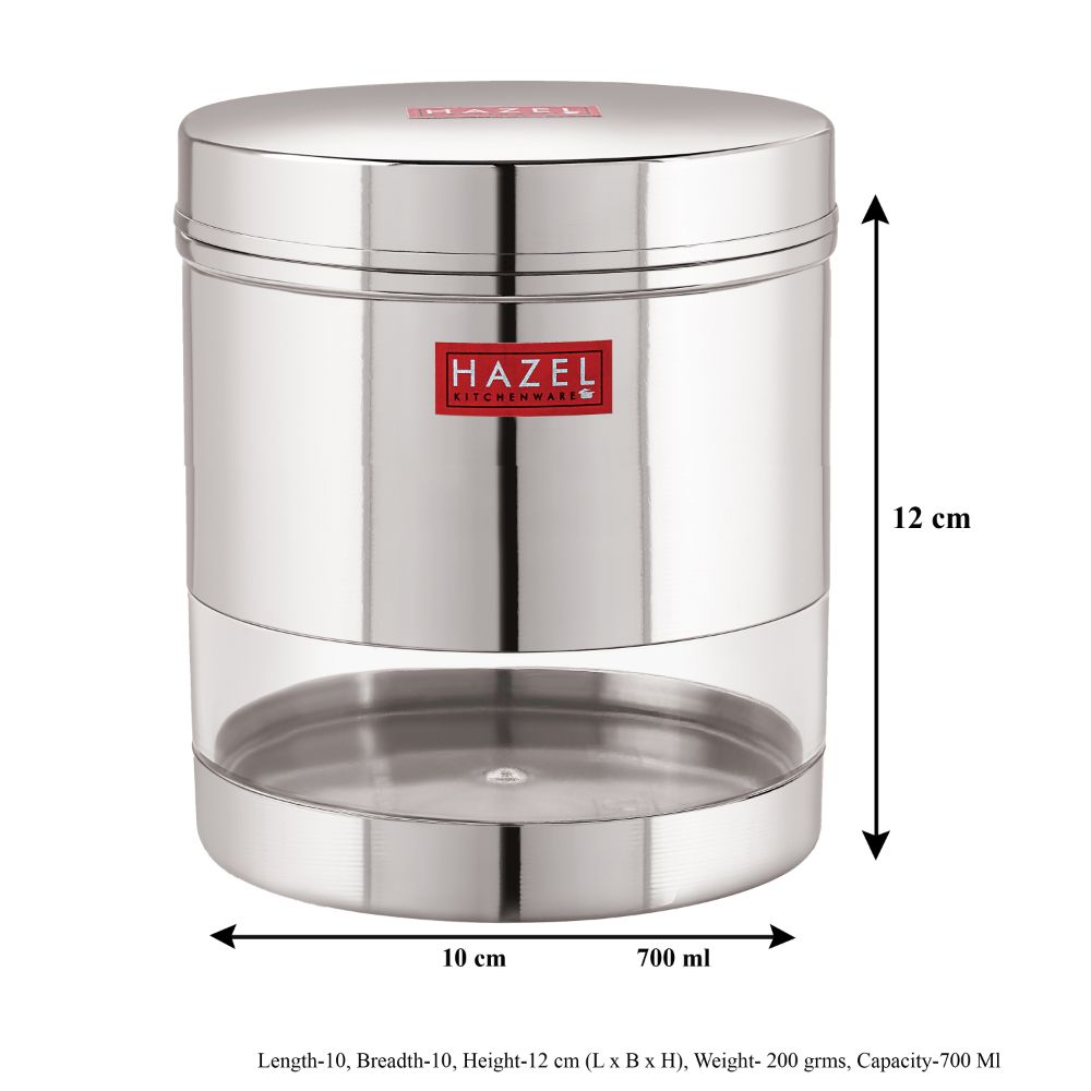 HAZEL Stainless Steel Transparent Wide Mouth See Through Container, Silver, 1 PC, 700 Ml