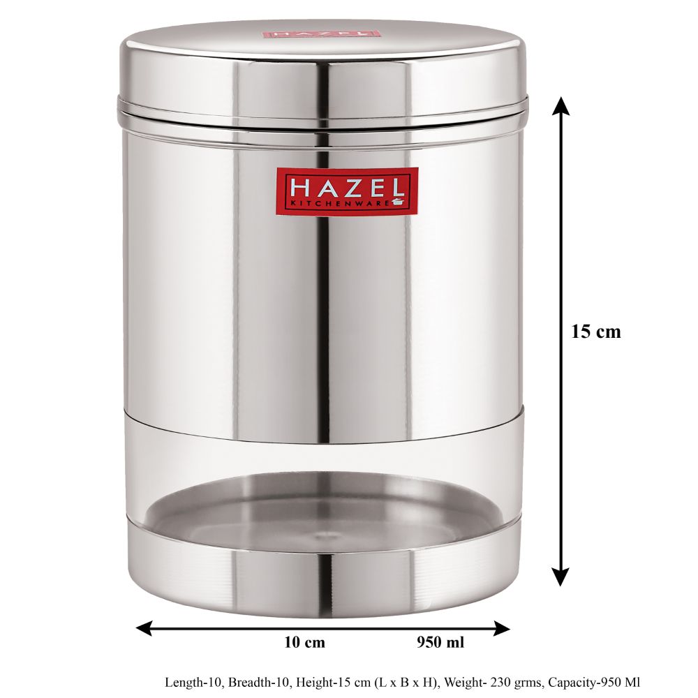HAZEL Stainless Steel Transparent Wide Mouth See Through Container, Silver, 1 PC, 950 Ml