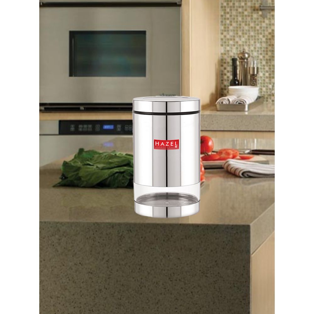 HAZEL Stainless Steel Container For Kitchen Storage Transparent See Through Glossy Finish Storage Jar Dabba, Set of 1, 1300 ML, Silver
