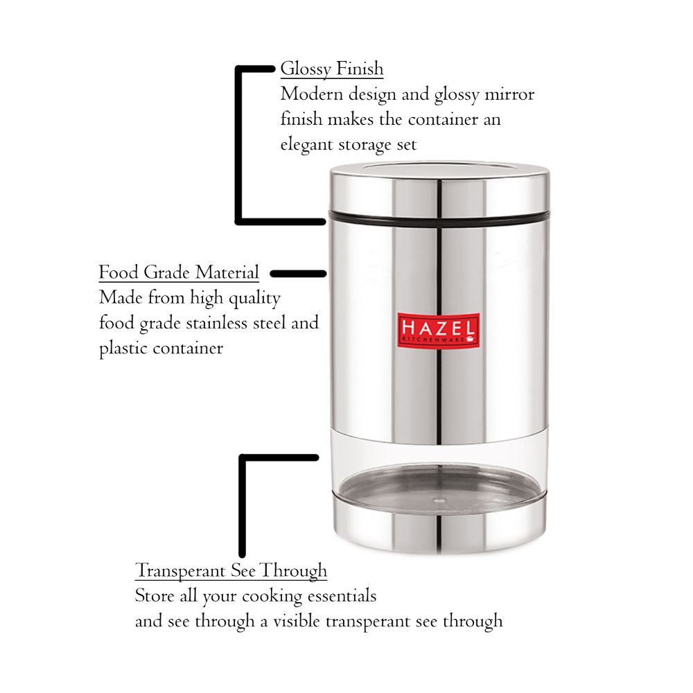 HAZEL Stainless Steel Container For Kitchen Storage Transparent See Through Glossy Finish Storage Jar Dabba, Set of 1, 1300 ML, Silver