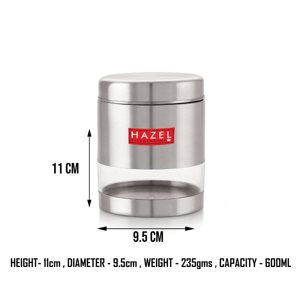 HAZEL Stainless Steel Container For Kitchen Storage Transparent See Through Matt Finish Storage Jar Dabba, Set of 1, 600 ML, Silver