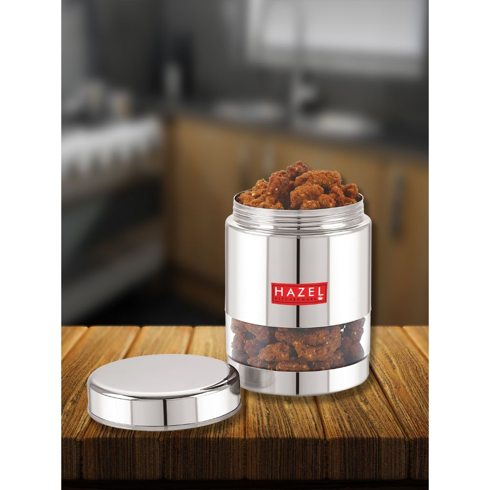 HAZEL Stainless Steel Container For Kitchen Storage Transparent See Through Glossy Finish Storage Jar Dabba, Set of 1, 800 ML, Silver