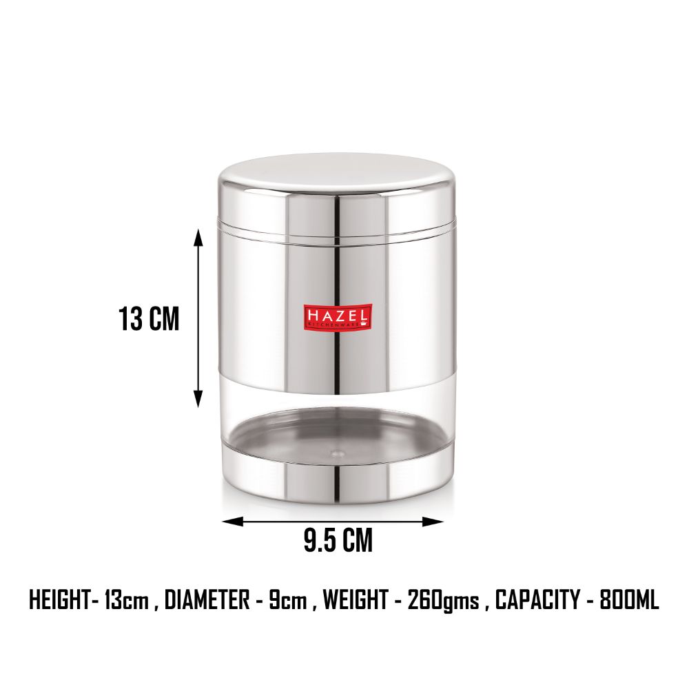 HAZEL Stainless Steel Container For Kitchen Storage Transparent See Through Glossy Finish Storage Jar Dabba, Set of 1, 800 ML, Silver