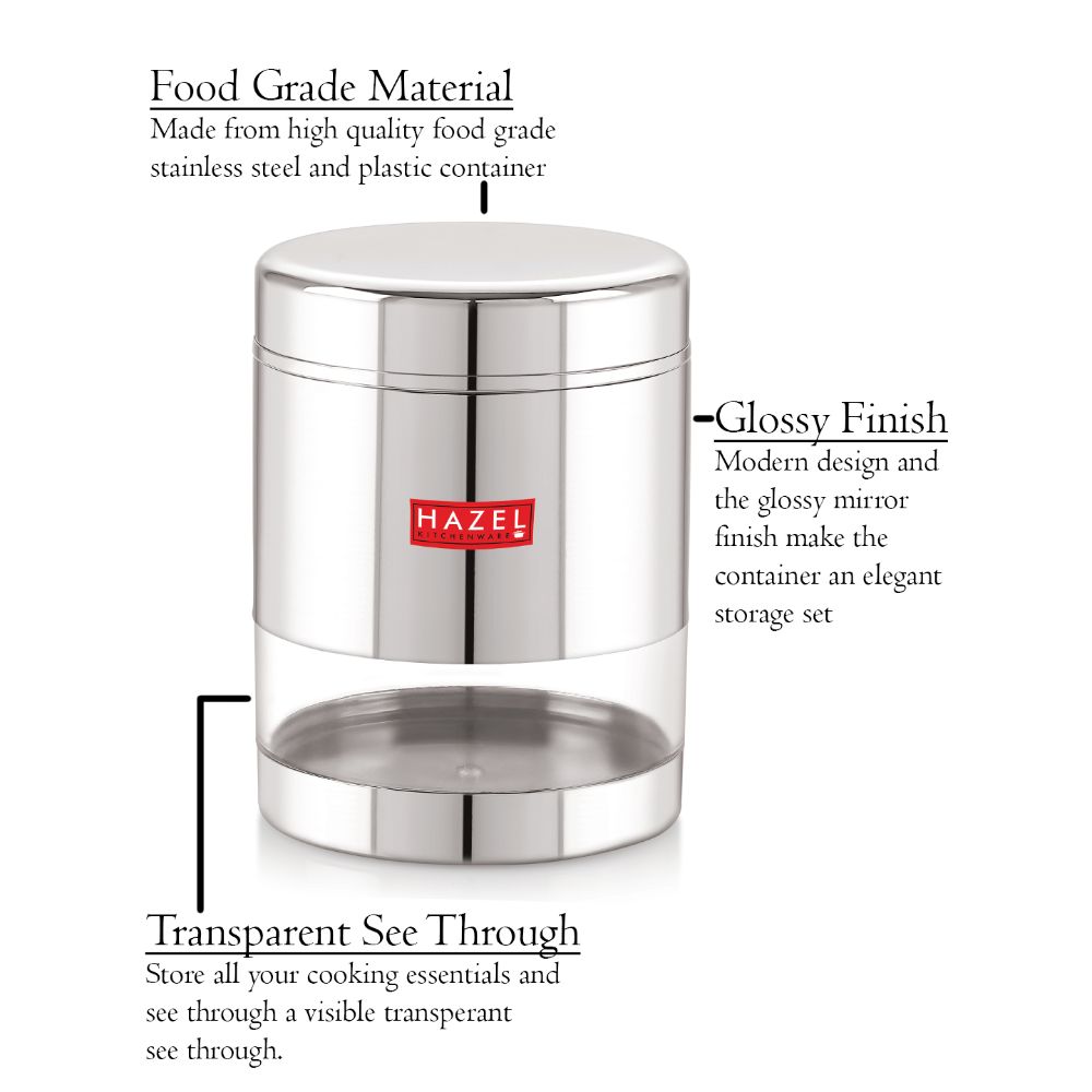 HAZEL Stainless Steel Container For Kitchen Storage Transparent See Through Glossy Finish Storage Jar Dabba, Set of 1, 800 ML, Silver