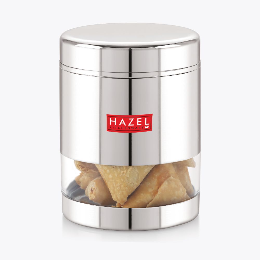 HAZEL Stainless Steel Container For Kitchen Storage Transparent See Through Glossy Finish Storage Jar Dabba, Set of 1, 800 ML, Silver