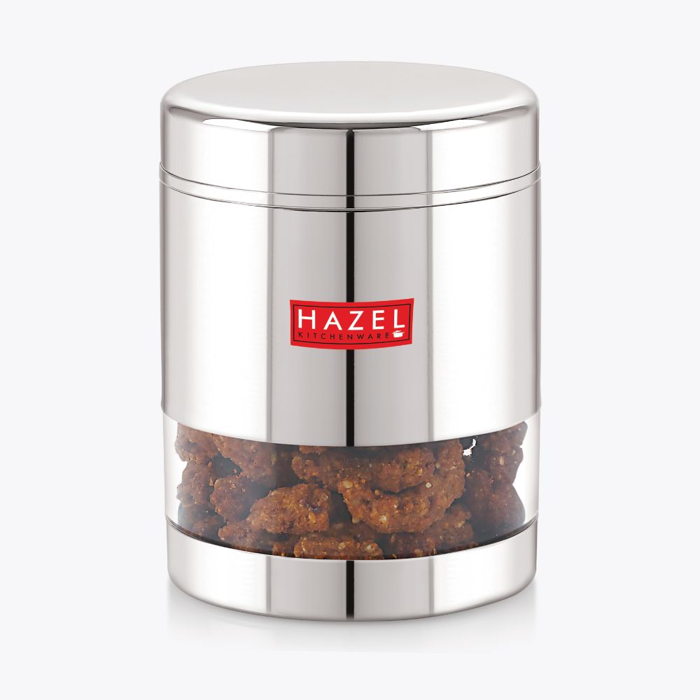 HAZEL Stainless Steel Container For Kitchen Storage Transparent See Through Glossy Finish Storage Jar Dabba, Set of 1, 800 ML, Silver