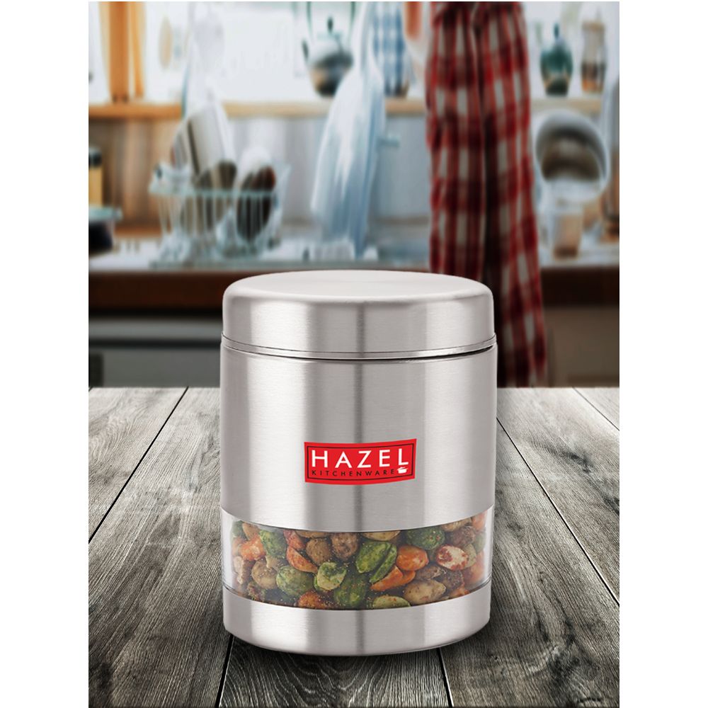 HAZEL Stainless Steel Container For Kitchen Storage Transparent See Through Matt Finish Storage Jar Dabba, Set of 1, 800 ML, Silver