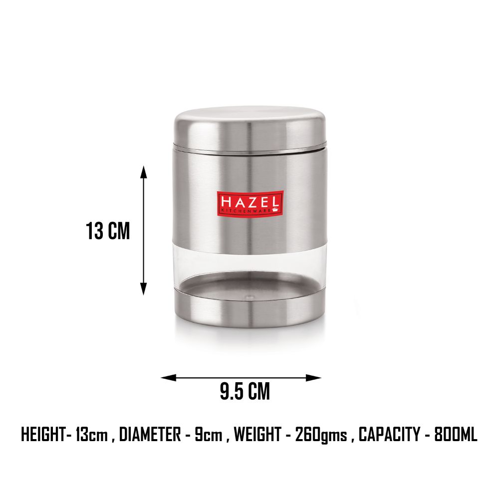 HAZEL Stainless Steel Container For Kitchen Storage Transparent See Through Matt Finish Storage Jar Dabba, Set of 1, 800 ML, Silver