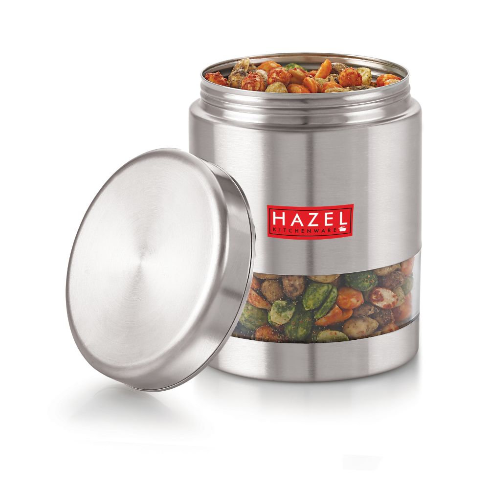 HAZEL Stainless Steel Container For Kitchen Storage Transparent See Through Matt Finish Storage Jar Dabba, Set of 1, 800 ML, Silver