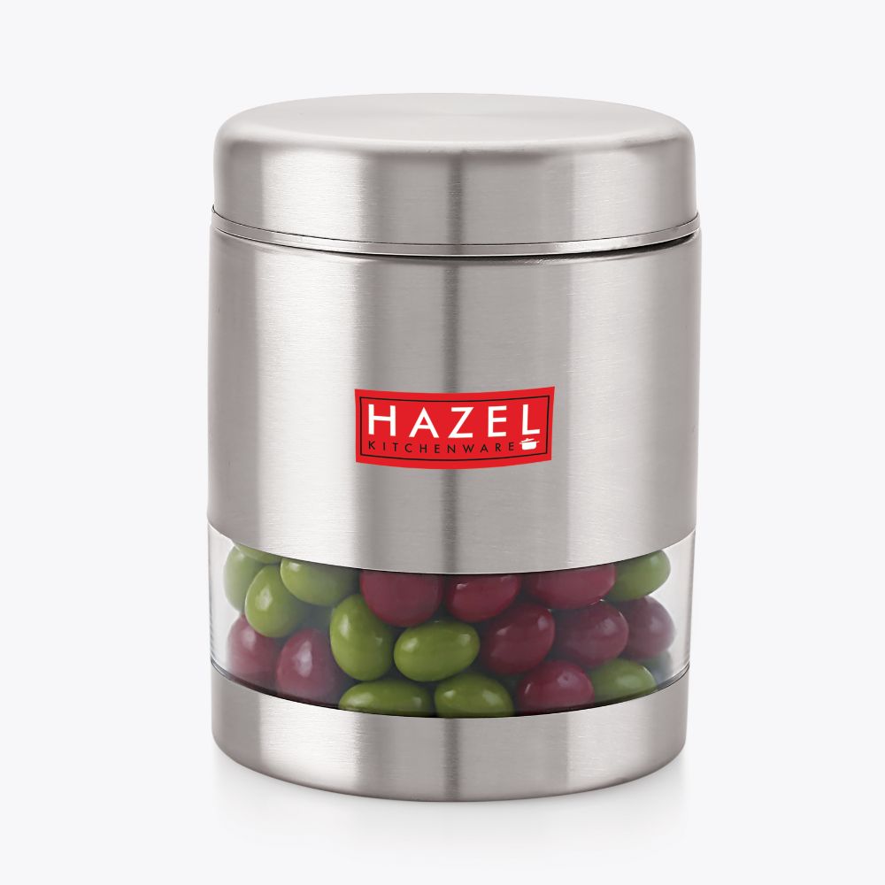 HAZEL Stainless Steel Container For Kitchen Storage Transparent See Through Matt Finish Storage Jar Dabba, Set of 1, 800 ML, Silver