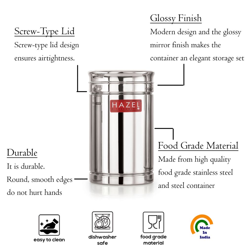 HAZEL Stainless Steel Airtight Container | 1200 ml Steel Storage Box For Kitchen | Steel Container Jar For Kitchen Storage | Ideal For Storing Rice, Cereal, Pulse, Snacks