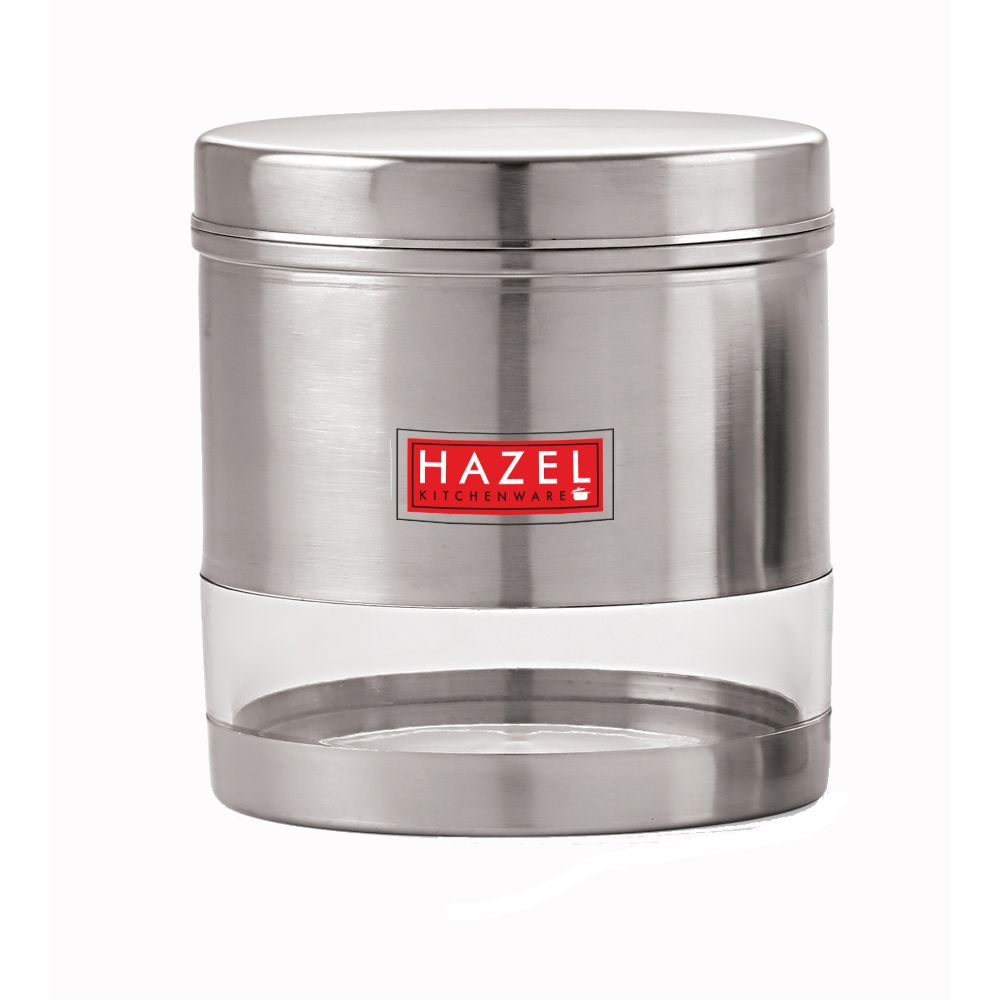 HAZEL Stainless Steel Transparent Wide Mouth See Through Container, Silver, 1 PC, 1100 Ml