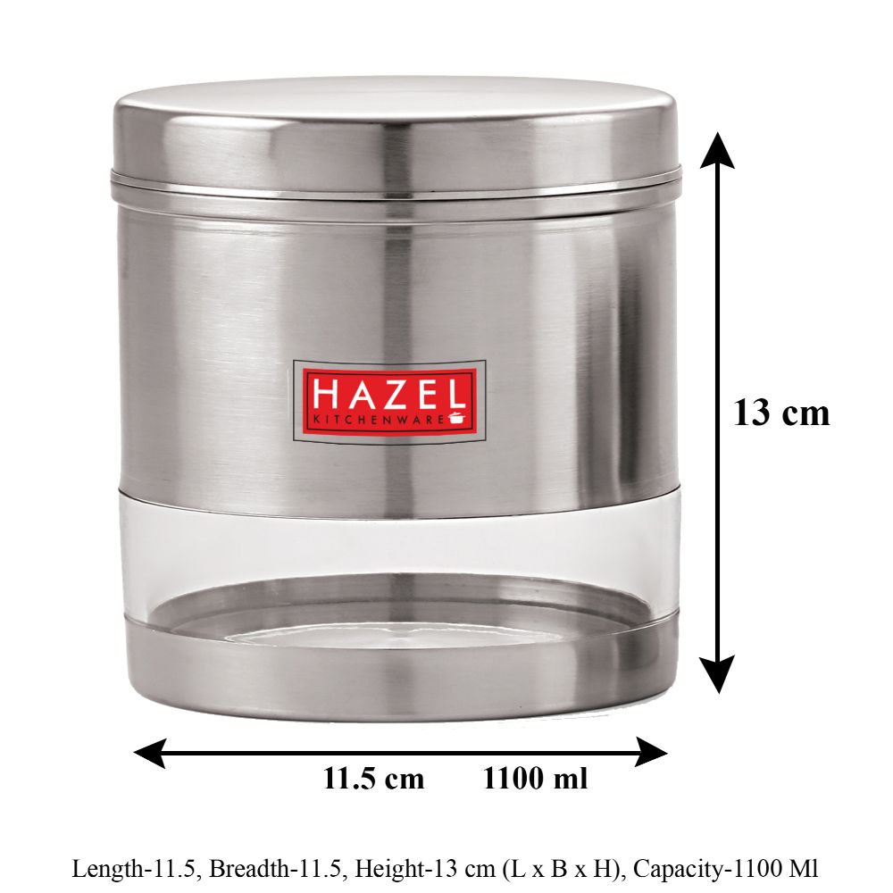 HAZEL Stainless Steel Transparent Wide Mouth See Through Container, Silver, 1 PC, 1100 Ml