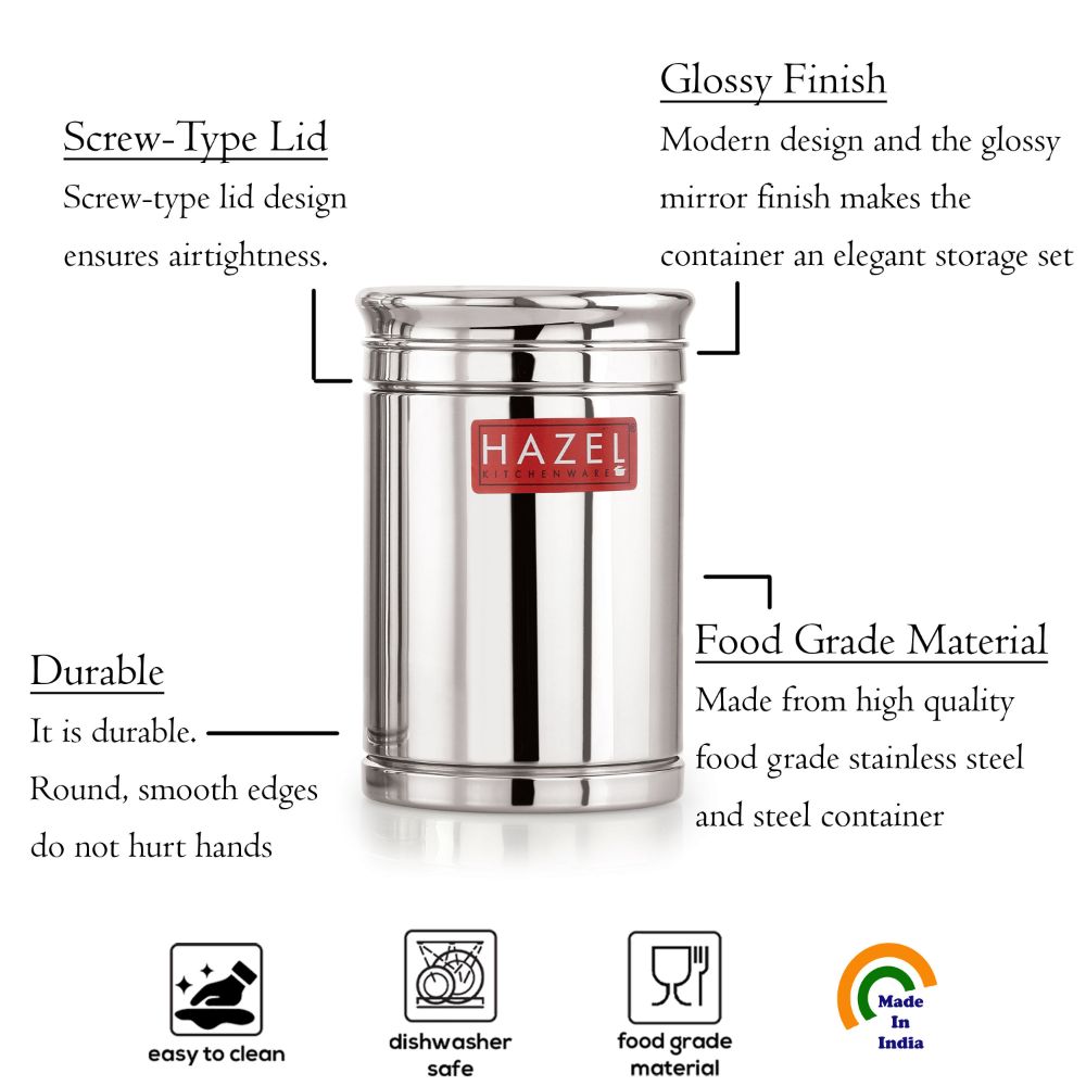 HAZEL Stainless Steel Airtight Container | 1800 ml Steel Storage Box For Kitchen | Steel Container Jar For Kitchen Storage | Ideal For Storing Rice, Cereal, Pulse, Snacks