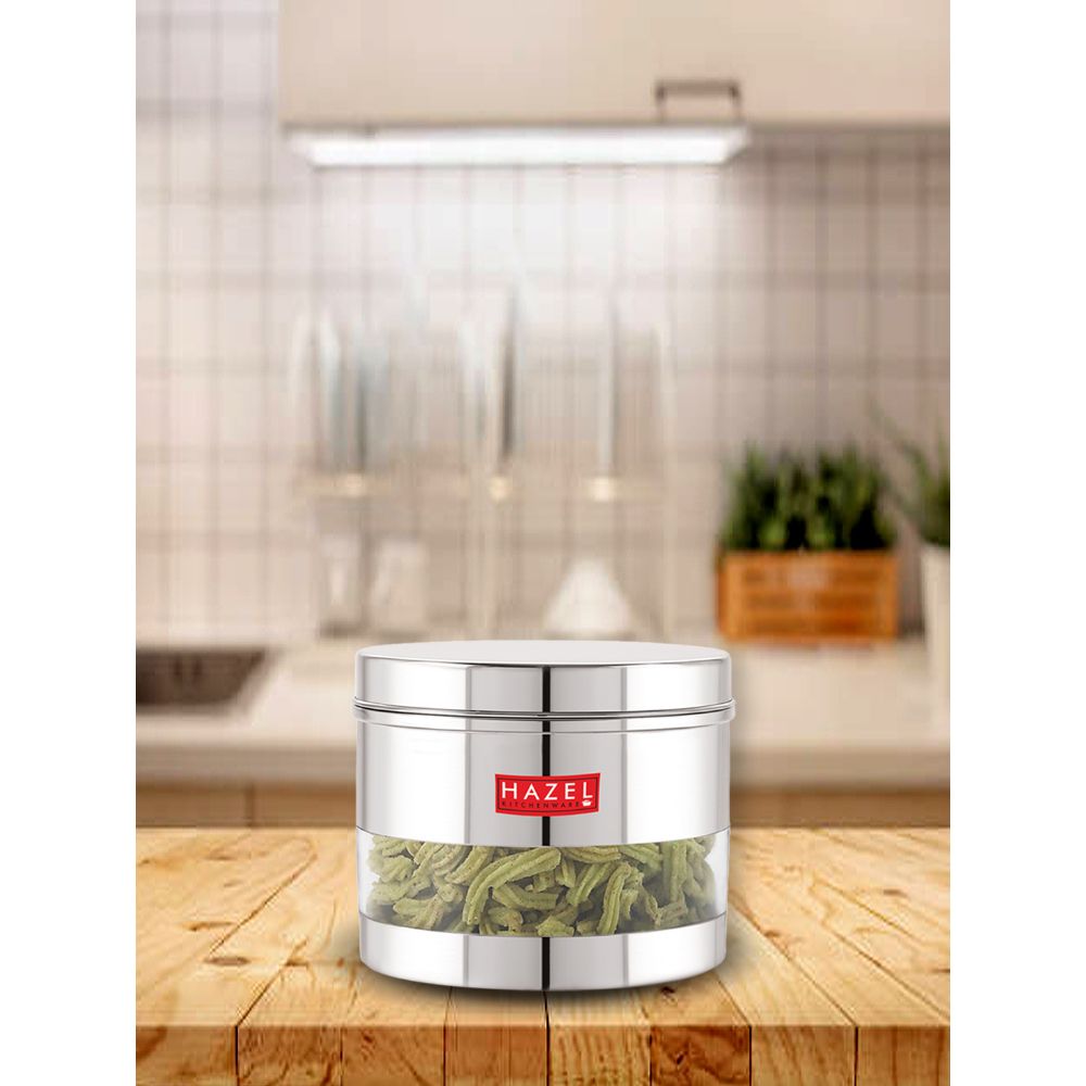 HAZEL Stainless Steel Container For Kitchen Storage Transparent See Through Glossy Finish Storage Jar Dabba, Set of 1, 1100 ML, Silver
