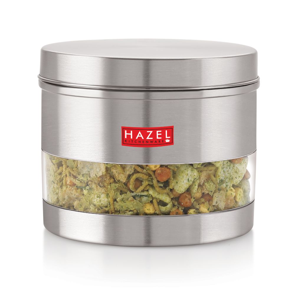 HAZEL Stainless Steel Container For Kitchen Storage Transparent See Through Matt Finish Storage Jar Dabba, Set of 1, 1100 ML, Silver
