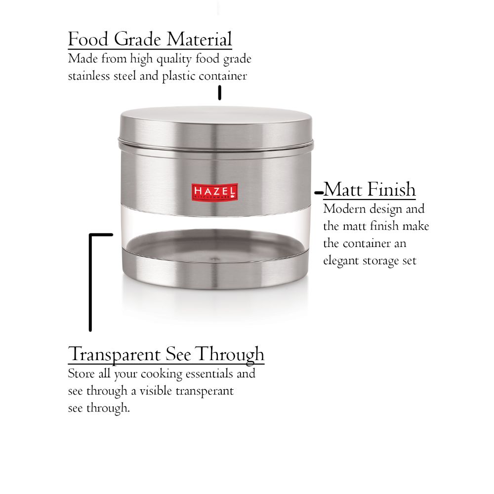 HAZEL Stainless Steel Container For Kitchen Storage Transparent See Through Matt Finish Storage Jar Dabba, Set of 1, 1500 ML, Silver