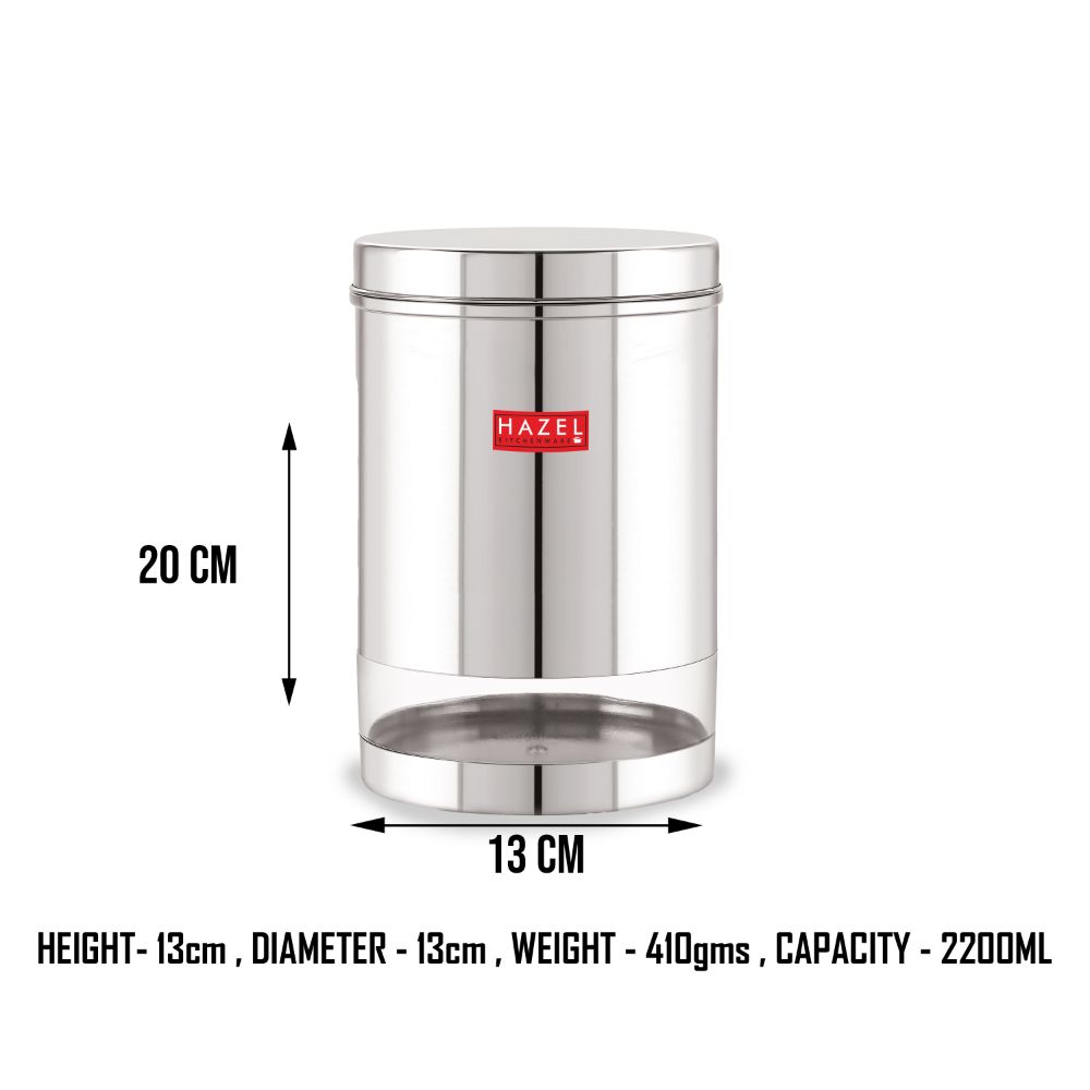 HAZEL Stainless Steel Container For Kitchen Storage Transparent See Through Glossy Finish Storage Jar Dabba, Set of 1, 2200 ML, Silver