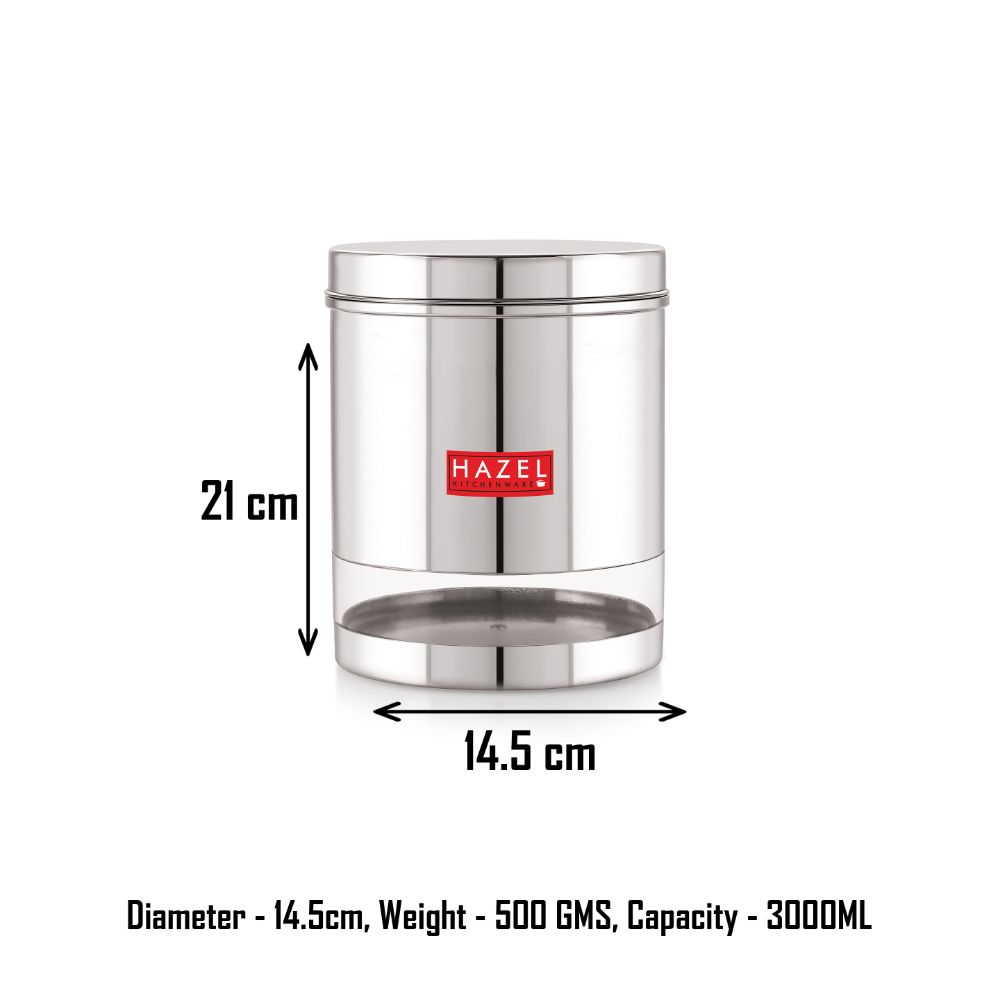 HAZEL Stainless Steel Container For Kitchen Storage Transparent See Through Glossy Finish Storage Jar Dabba, Set of 1, 3000 ML, Silver